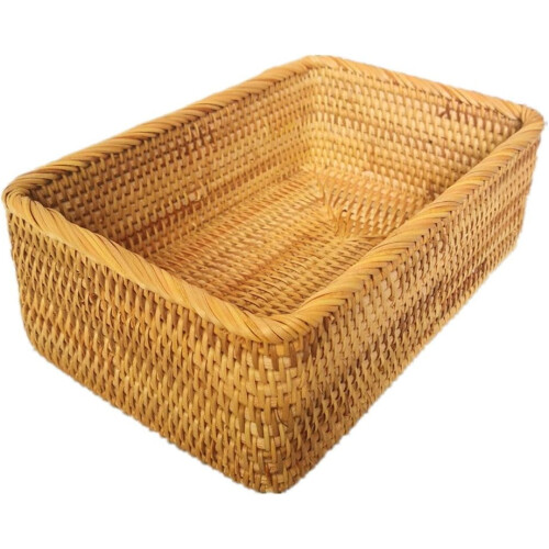 Handmade Rectangle Wicker Fruit Box Rattan Tray Magazine Organizer and Small Objects Container Serving Basket (Large)