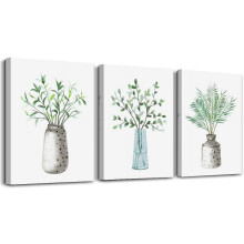 Ensemble de 3 tableaux en toile représentant des vases à feuilles vertes, idéal pour la cuisine, la salle à manger, la chambre, le salon et le