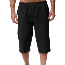 Calças Capri de Linho Masculinas, Calças Leves de Verão, Cintura Elástica, Cordão Ajustável, Shorts de Yoga com Bolsos