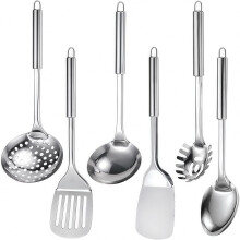 Conjunto de 6 utensílios de cozinha em aço inoxidável – resistentes ao calor e compatíveis com panelas antiaderentes.
