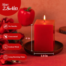 JUNXIAO Square Red Pillar Candles Set of 3, 2.8"x4", Unscented, 30H Smokeless & Dripless — Compatible with Wedding, Home, Parties, Spas
