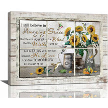 Rustic Farmhouse Christian Wall Art: Sunflower & Bible Verse Canvas Print, 16"x12", Modern Framed Religious Decor for Bedroom/Bathroom