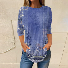 Hauts à manches 3/4 en polyester à motif floral bleu pour femmes grandes tailles – Compatibles avec les grandes tailles américaines