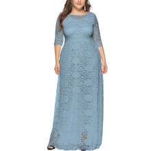 Damklänning med blommig spets, 2/3 ärmar, maxiklänning, kvälls- och festklänning, XL, dusty blue