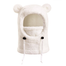 Kids Fleece-Lined Bear-Ear Balaclava with Integrated Scarf – Windproof Full Head & Neck Coverage for Skiing & Winter Sports, White