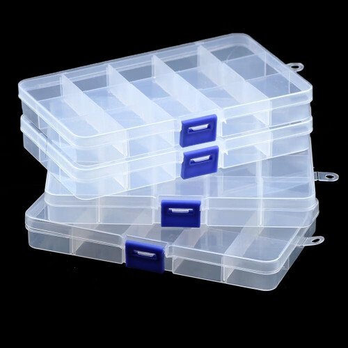 Boîte de rangement transparente en plastique à 4 compartiments et 15 grilles, avec séparateurs fixes, idéale pour les petits objets