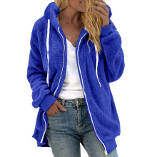 Dames winterjas van pluizig fleece in grote maten, met capuchon en ritssluiting, lichtgewicht top van imitatiebont – Blauw, 4XL