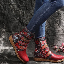Damen-Stiefeletten mit niedrigem Absatz, Vintage-Rot, groß bedruckt, europäischer und amerikanischer Stil, Synthetik, Größe 9,5-10 (42)
