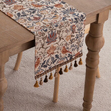 Chemin de table vintage en jacquard à motifs floraux et oiseaux, avec pompons, style rustique, polyester, largeur 33 cm – idéal pour les tables