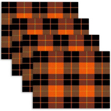 Set van 4 Halloween placemats met ruitjespatroon in oranje, zwart en grijs. Keukentafelmatten van linnen met herfstthema, gemakkelijk schoon te