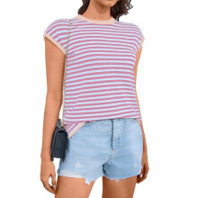 Chaleco de punto para mujer, jersey de cuello redondo, tops sin mangas informales a rayas, tops de manga corta, ropa linda de primavera 2025, rosa,