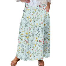 Gonne lunghe da donna, gonna maxi, gonna da donna stampata con elastico in vita, pieghe e tasche, lunghezza a metà polpaccio, azzurro, taglia XL