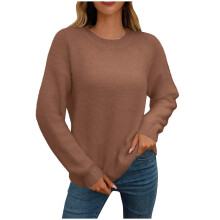 Pull femme uni, confortable et décontracté pour l'automne et l'hiver, manches longues, poignets côtelés, col rond, idéal pour un usage quotidien