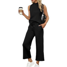 Women's Black Two-Piece Set: Mock Neck Top & Wide-Leg Crop