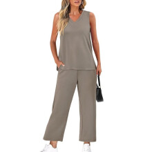 Women's Khaki Two-Piece Set: Mock Neck Top & Wide-Leg Crop