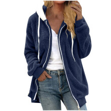 Damen-Wintermantel aus flauschigem Fleece in Übergröße, Kapuzenjacke mit Reißverschluss und Kunstpelzbesatz – Marineblau
