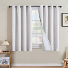 100% Blackout Linen Curtains, 54" Long, Heathered White, Nickel Grommet (2 Panels), Compatible with Standard Rods