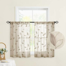 Taupe Sheer Curtains 30 x 24 in, 2 Panels, Embroidered Leaf