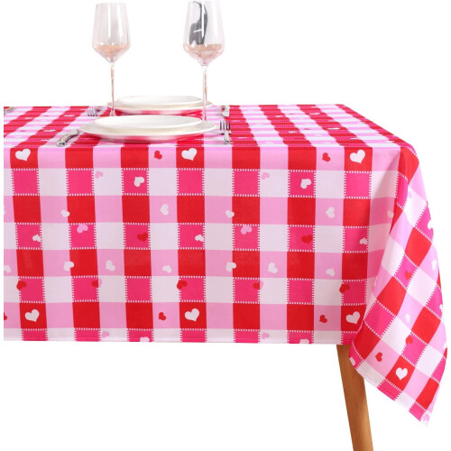 Red & White Heart Pattern Polyester Tablecloth 60 x 120 in