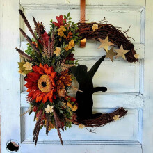 Moon and Cat Wreath with Twigs and Artificial Flowers