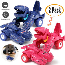 MAINYU 2-Pack Dinosaurusauto Speelgoed, 2-in-1 Transformerend Voertuig met Inertieglijbaan, Transformerende Robotauto met Grote Wielen, Geschikt voor