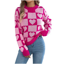 Damen-Pullover mit Karomuster und Herzchenmuster, Acryl-Strickpullover, Rot-Schwarz, Farbblock-Top, lockere Passform, Freizeitkleidung, romantisches