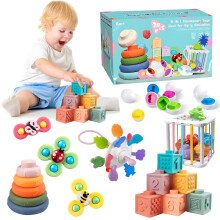 6-i-1 Montessori babyleker - Sansebøtte og biteleker med stableklosser, egg, snurrer, krabbetrekkleke (27 deler) for spedbarn 6-36 måneder