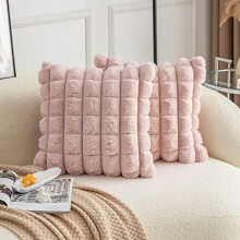 Pink Faux Fur Cozy Soft Plaid Decorative Throw Pillow Covers 18x18 inch Set of 2,Velvet Pillowcase Cushion Case for Sofa Couch