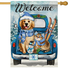 Winter Dog and Cat House Flag 28x40 in Double-Sided