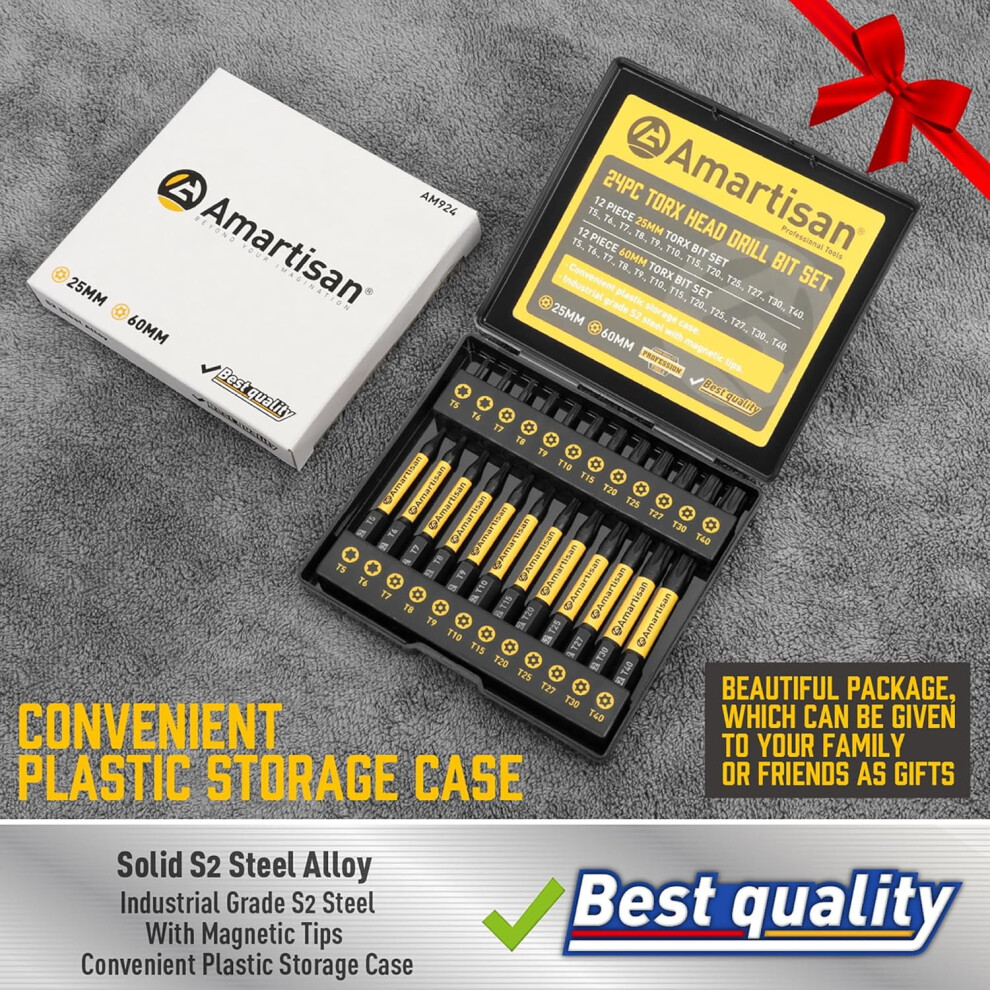 Torx Bit Set, 24-Piece S2 Steel, 1" & 2.3" Long T5 - T40, Security, Tamper Resistant Fastener Drive Bit 9402001023216
