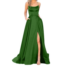 Vestido de festa elegante para mulheres, com alças finas, fenda, longo, em cetim com bolso, ideal para casamentos, coquetéis e damas de honra.