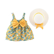 Baby Girls Big Bowknot Sleeveless Casual Dress Toddler Kids Vintage Summer Floral Ruched Dresses With Hat 2 Piece Set Size 1-2 Years