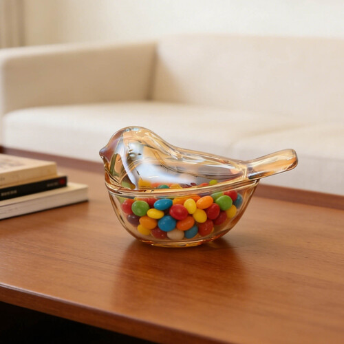 Bird-Shaped Amber Glass Storage Jar with Lid