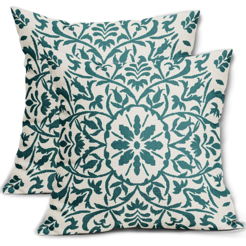 Μαξιλαροθήκες σε χρώμα γαλαζοπράσινο boho, 16x16", Vintage εκτύπωση λουλουδιών, λινά