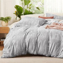 Queen Duvet Cover Set, Reversible Grey Floral Botanical 3-Pc with Zipper, 8 Corner Ties & 2 Shams
