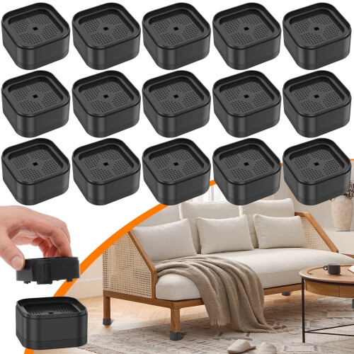 16Pcs Furniture Risers with Nonslip Bottom Adjustable Table Risers Stackable Bed Lifter Versatile Bed Raising Blocks,Black Plastic