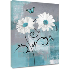 White Floral Canvas Wall Art 12x16 in with Teal Butterfly
