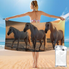 Paarden, strand, zonsondergangprint, sneldrogende badhanddoek, 27,5 x 55 inch, ultrafijne vezelhanddoek voor douche, zwemdeken, decoratie