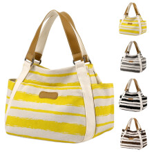 Damen-Canvas-Handtasche mit Seitentaschen, Streifenmuster, Tragetasche, Reißverschluss, Schultertasche für Studenten, ideal für