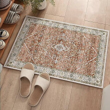 Wasbaar vloerkleed van 60 x 90 cm voor hal/keuken – Zacht, laagpolig, antislip rubberen achterkant, Oosterse stijl (baksteenrode rand)