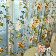 Floral Sheer Tulle Voile Curtain 200x100cm, Yellow Window Panel Drape Scarf Valance (No Beads)