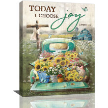 Leinwandbild im Landhausstil: Rustikaler christlicher Truck, Sonnenblume & Schmetterling – 30 x 40 cm, gerahmt, für Küche, Schlafzimmer,
