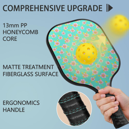 Σετ κουπιών Pickleball από fiberglass με λουλούδια, 2 μπάλες και τσάντα – Συμβατό με 1