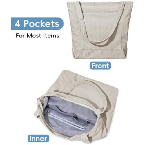 Borsa tote da donna in velluto a coste con cerniera e tasche interne. 2