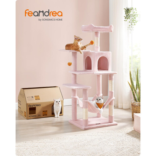 FEANDREA Feandrea Cat Tree Tower, 143 cm Multi-Level Plush Cat Condo with 4 1