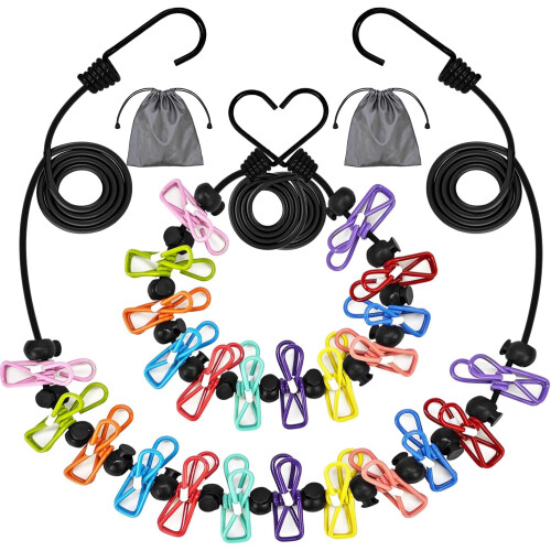 Lot de 2 cordes à linge rétractables portables avec 12 épingles, élastiques pour camping-car/croisière/caravane/hôtel/linge (multicolores),