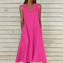 Vestidos de verano para mujer, color liso, sin mangas, con botones, escote en V, largo hasta la rodilla y bolsillos.