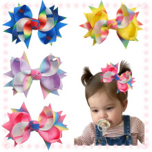 4 Pack 3.9inch Rainbow Hair Bows for Toddlers Girls, Multi-Layer Ribbon Hair Clips for Kids Daily Use Party Hairstyles
