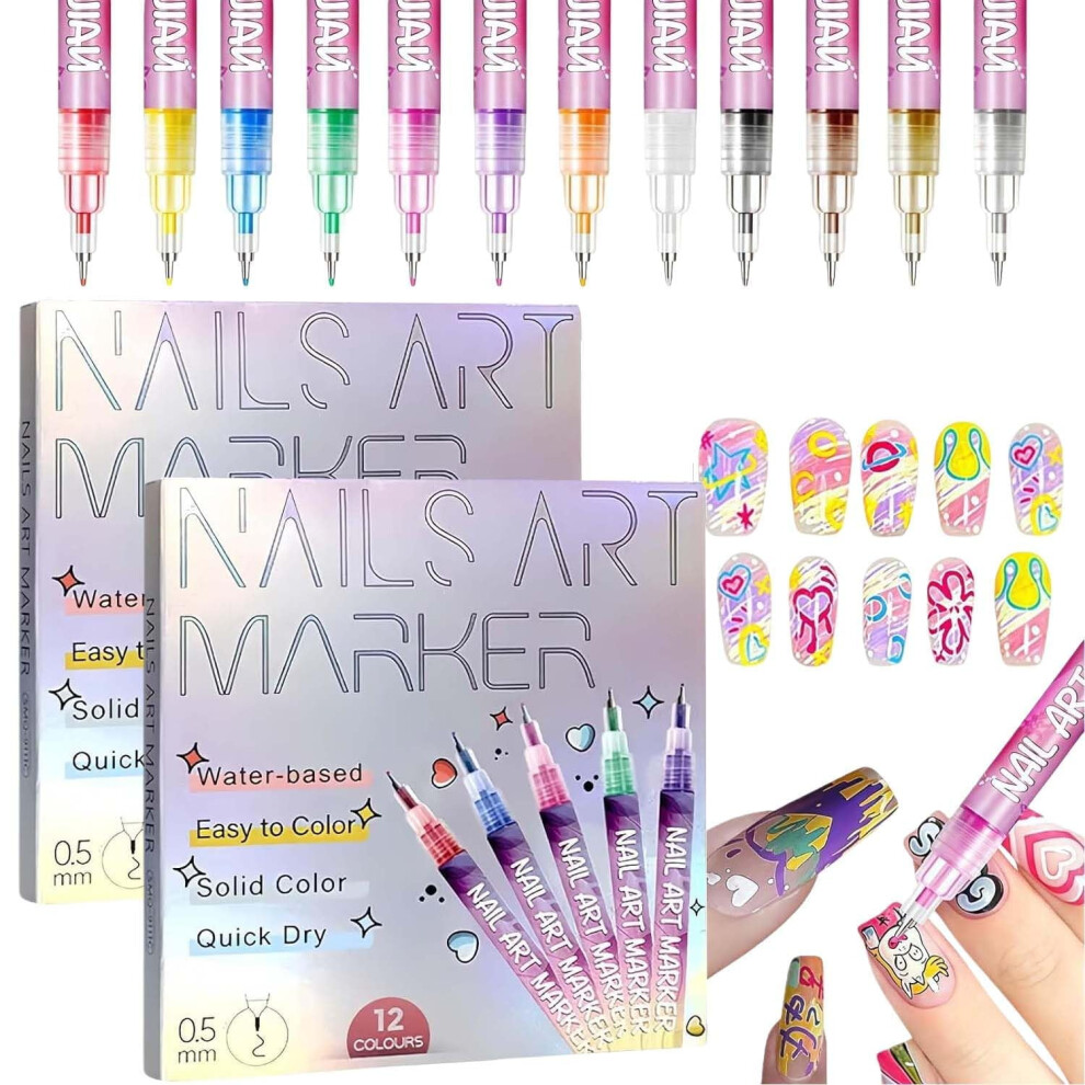 Pink Galaxy Nail Art Pens Metallic Glitter 12 Colors 0.5mm