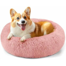 28in Large Dog Bed, Medium Size Dog and Cats, Calming Donut Bed for Puppy and Kitten, Washable Round Fluffy Pet Bed (Pink)
